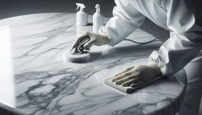 Skilled professionals cleaning a Carrara marble countertop, preserving its grey veining and classic elegance.