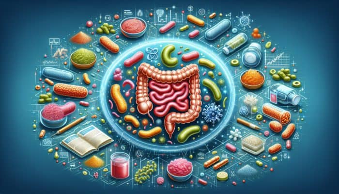 Illustration depicting the relationship between probiotics and performance, showcasing Lactobacillus and Bifidobacterium in a healthy gut alongside symbols of digestion, immunity, and wellness, complemented by fermented foods and supplements.