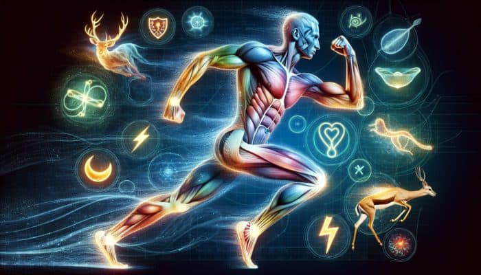Illustration of a healthy human body with vibrant gut flora, surrounded by icons representing strength, speed, and vitality.