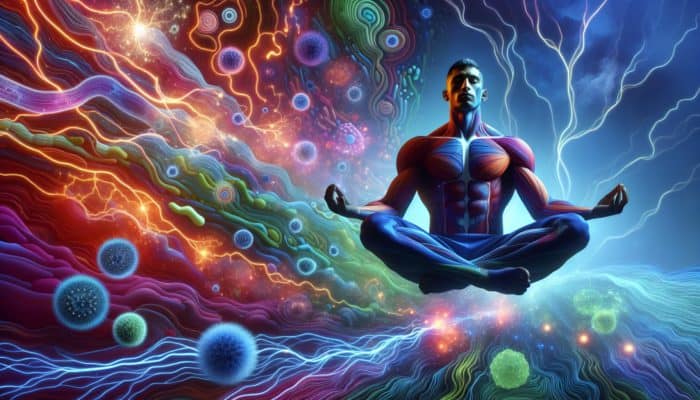 Athlete meditating in a surreal gut microbiome landscape, symbolizing the connection between probiotics and mental clarity.