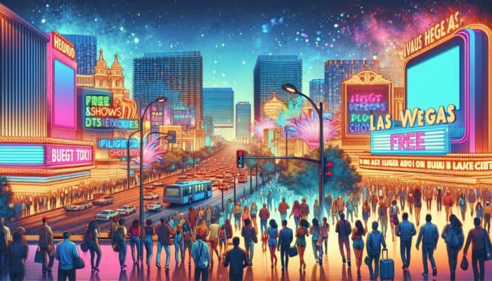 A vibrant Las Vegas nightlife scene showcasing budget travelers enjoying affordable entertainment and dazzling neon lights.