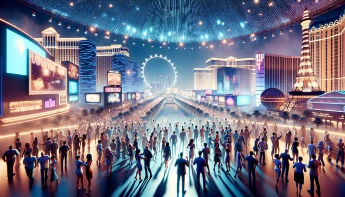 A lively Las Vegas night scene where people enjoy bundled entertainment deals, including a show, dining, and the High Roller Observation Wheel under vibrant neon lights.