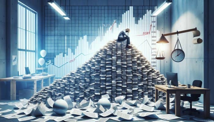 Individual overwhelmed by increasing debt, surrounded by bills and a soaring DTI ratio graph in a cluttered office.
