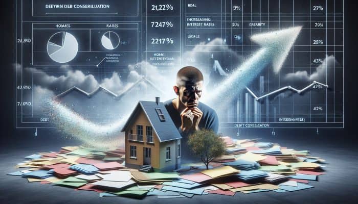 UK homeowner anxiously views decreased home equity amidst rising interest rates, with debt consolidation documents scattered around.