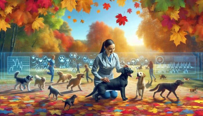 Pets frolicking in autumn leaves with icons representing vet checks and health considerations.