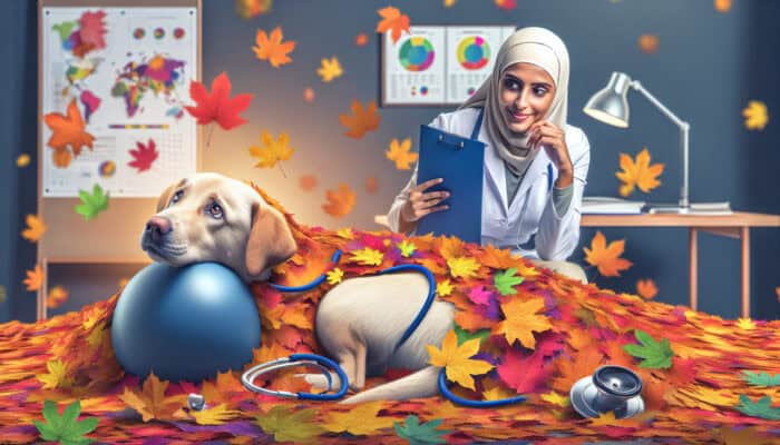 A dog enjoying playtime in autumn leaves with a veterinarian in the background, emphasizing the need for routine health check-ups.