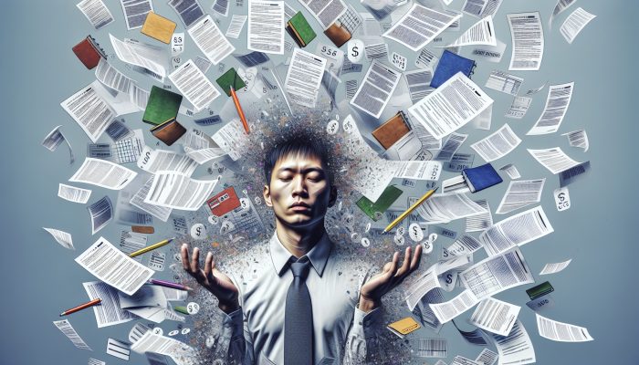 Person consolidating scattered bills into a single folder, symbolising financial clarity and relief.