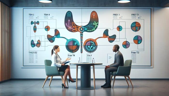 A medical chart showing thyroid test results with TSH, Free T4, and Free T3 levels, and a doctor consulting a patient.