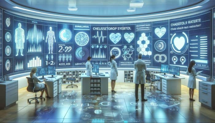 A modern Sunderland clinic with expert doctors analyzing cholesterol test results on digital screens.