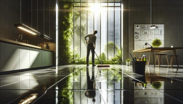 A person in West Dunbartonshire cleaning slate floors with eco-friendly solutions, natural light, and greenery visible.