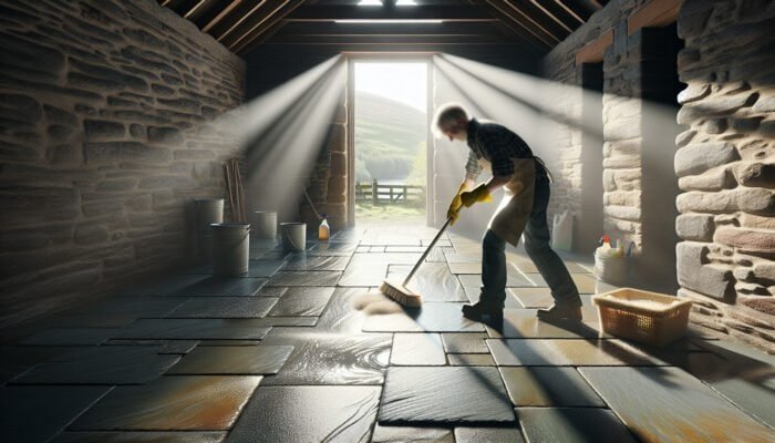 A person scrubbing slate floors with natural solutions in West Dunbartonshire, sunlight highlighting the clean surface.