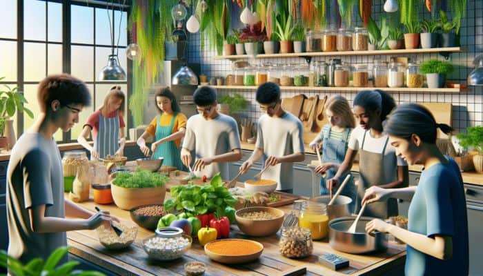 Teens in a green kitchen preparing vibrant plant-based proteins, promoting sustainable eating.