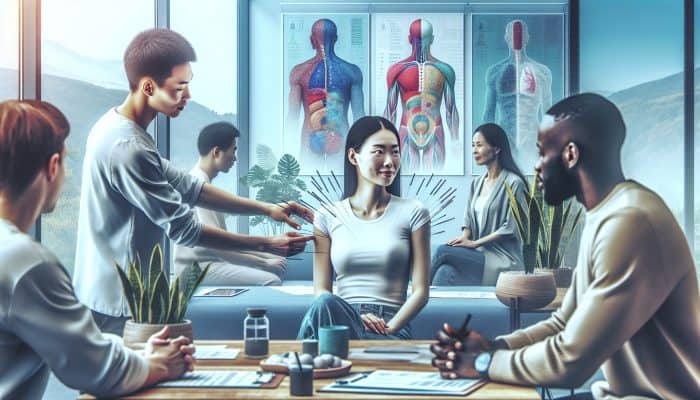 A serene UK clinic where patients receive either gentle Japanese or immediate Chinese acupuncture, based on personal health preferences.