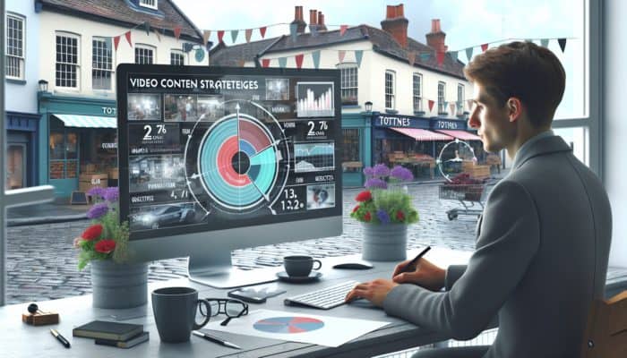 A small business owner in Totnes strategizing video content with local market insights and goal-setting visuals.