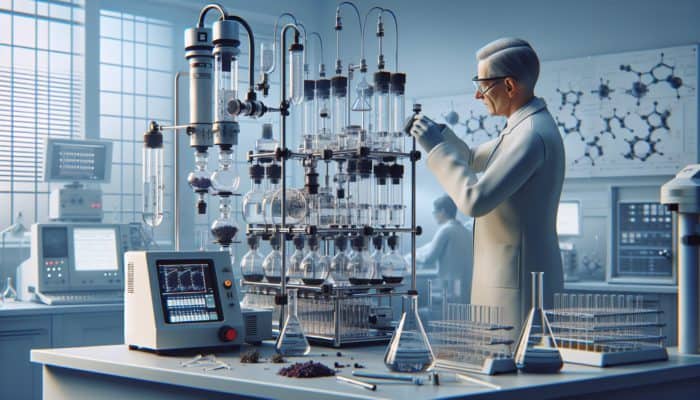 A scientist analysing herb purity using chromatography, with mass spectrometry and microbial testing setups nearby.