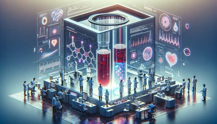 Illustration of ferritin blood test in Nottingham lab, experts analyzing results on computer.