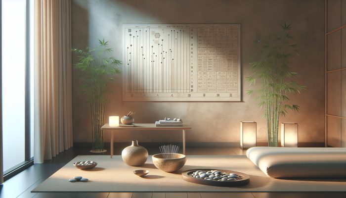 A peaceful acupuncture session with contemporary insurance documents and charts in a tranquil, minimalist setting.