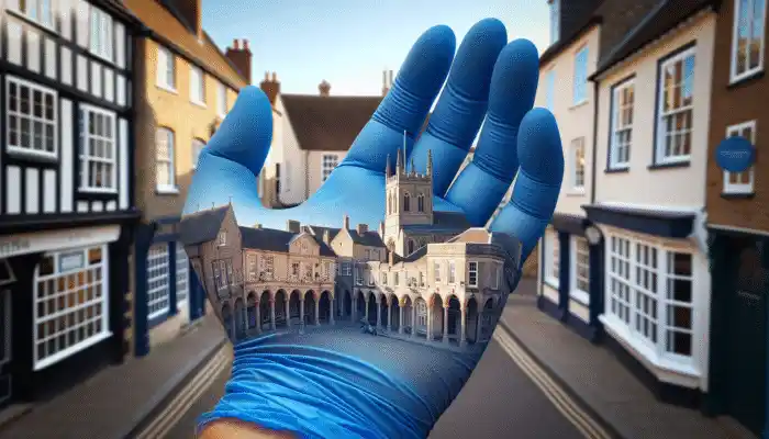 Blue nitrile gloves reflecting Yeovil's historic architecture in town center.