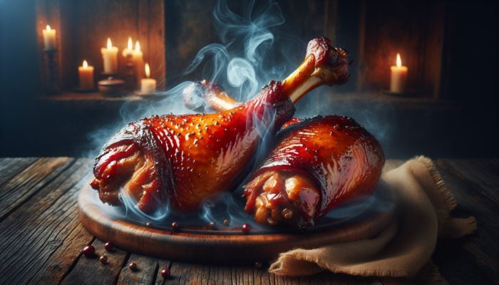 Close-up of beautifully smoked turkey legs featuring a golden-brown glaze on a rustic wooden table.