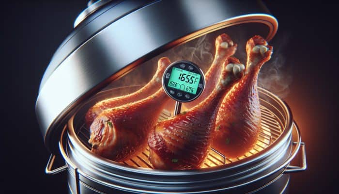 A digital thermometer displaying an even smoking temperature of turkey legs at 165°F in a high-tech smoker.
