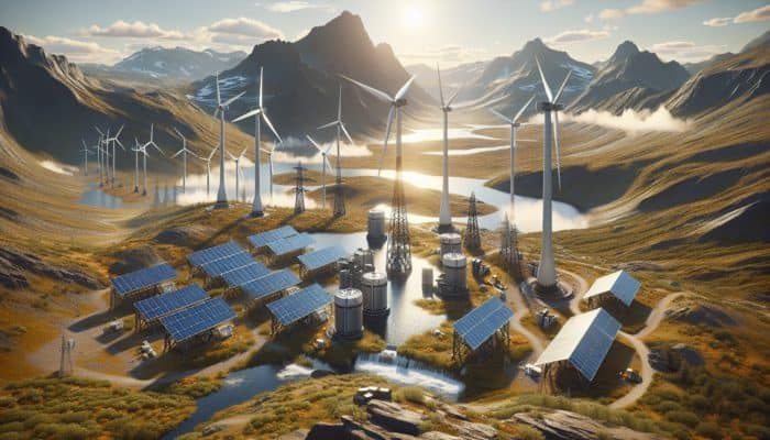 A diverse array of off-grid power systems in a remote, rugged landscape.