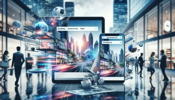 E-commerce website on smartphone and laptop, featuring intuitive navigation, fast loading, and mobile responsiveness in a Bampton business setting with shoppers.