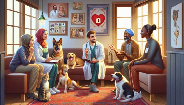 Diverse pet experts discussing rehoming with happy dogs and cats in a cosy, well-lit room.