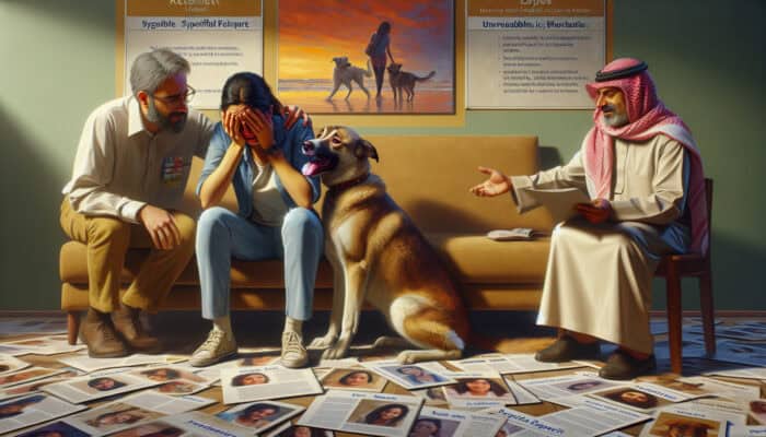 A pet owner tearfully hugging their dog, with brochures and an expert nearby, in a warm room.