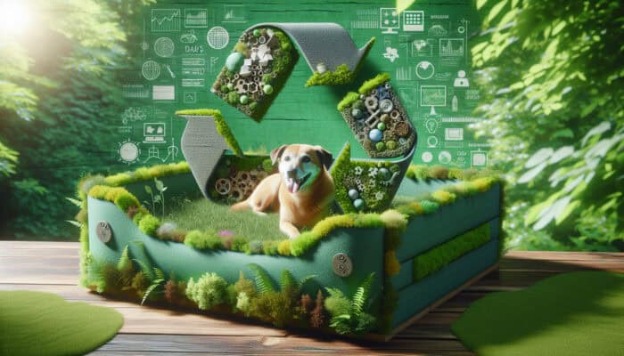 Cozy pet bed made from recycled materials in a lush, green setting, symbolising sustainability.