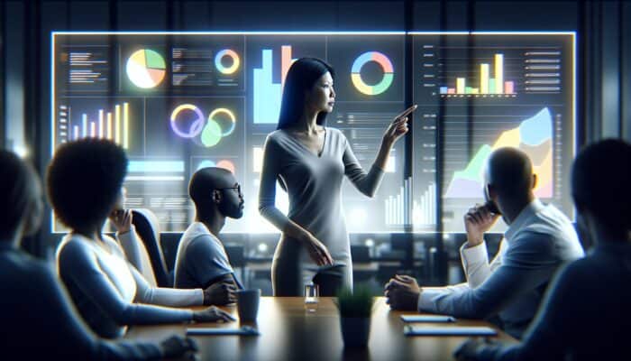 A group of professionals in a modern office, focused on a screen displaying SEO analytics and Google Analytics, receiving training.