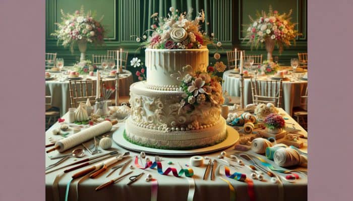 A multi-tiered cake adorned with sugar flowers, intricate piping, and decorative pearls, displayed with decorating tools and ribbons.