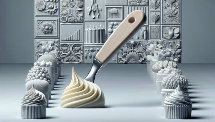 Spatula dipped in perfectly consistent icing, holding shape, with decorated cakes in the background.