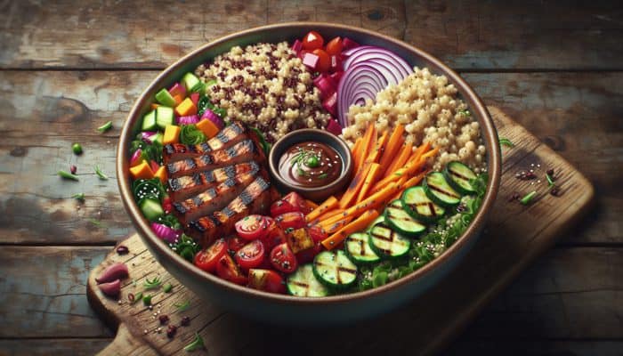 A colourful BBQ salad bowl with quinoa, brown rice, farro, vegetables, and grilled meat on a wooden table.