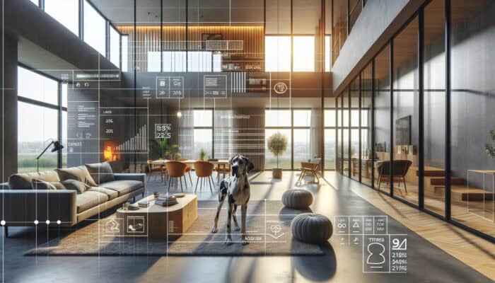 A spacious modern living room designed for a Great Dane, featuring large windows and comfortable furniture.