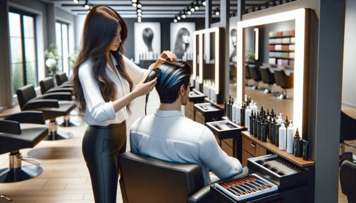 A hairstylist sectioning hair and applying airtouch highlights with a low-heat tool in a salon.