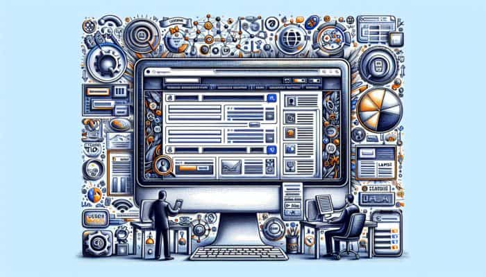 On-Page SEO for Small Businesses in Plymouth: A computer screen displaying a website with highlighted SEO elements surrounded by icons representing search engines and user engagement.
