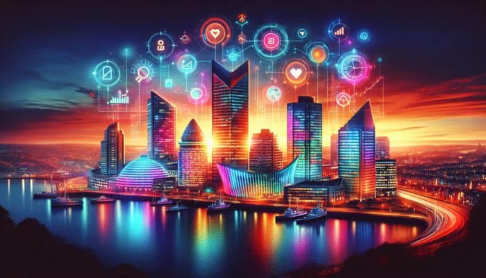 A picturesque sunset over Plymouth with vibrant neon SEO keywords illuminated above modern buildings.