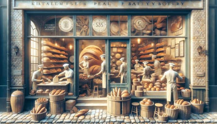 A thriving Plymouth bakery showcasing freshly baked bread and signs promoting local SEO visibility.