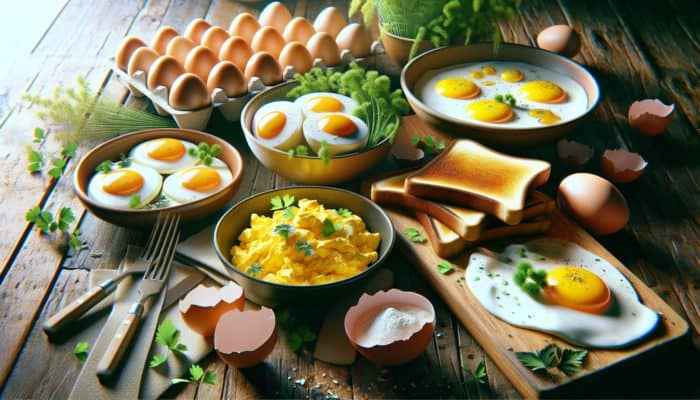 Vibrant breakfast scene featuring scrambled, fried, and boiled eggs on a rustic table decorated with herbs and toast.