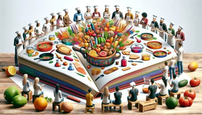 A warm kitchen setting where novice cooks are guided by expert chefs while using an illustrated cookbook.