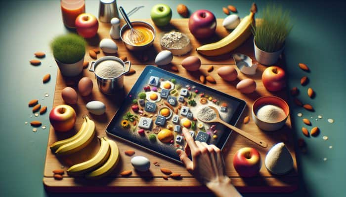 A beginner cook uses a tablet to explore ingredient substitutions in a colorful kitchen, surrounded by eggs, applesauce, bananas, almond flour, and oats.