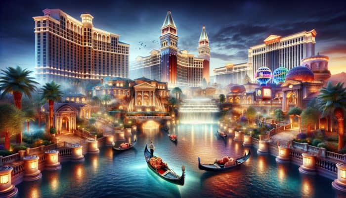 Experience Vegas Hotels Without Gambling: A luxurious Las Vegas scene featuring the Bellagio's stunning fountains, Wynn's exquisite architecture, and Venetian's enchanting gondola rides illuminated by neon lights.