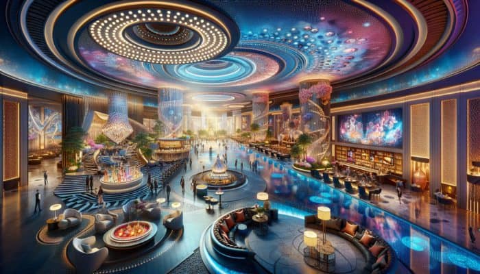 Luxurious Las Vegas hotel lobby where guests are enjoying spa services, gourmet dining, and live entertainment.