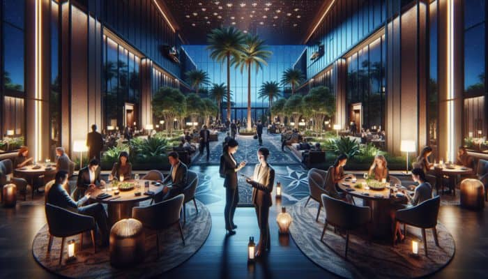 A tranquil Las Vegas hotel lobby at dusk with guests dining and checking in using smartphones.
