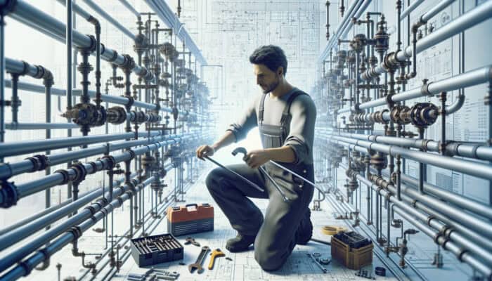 A skilled plumber in overalls working on commercial plumbing systems in Ladner, Delta, showcasing expertise.