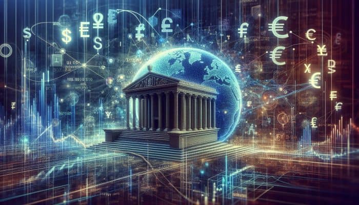Global Market Influence on Consolidation Loans: UK Perspective | DCL Global Market Influence on Consolidation Loans: Global financial market scene with interconnected lines and Bank of England adjusting UK interest rates amidst world currencies.