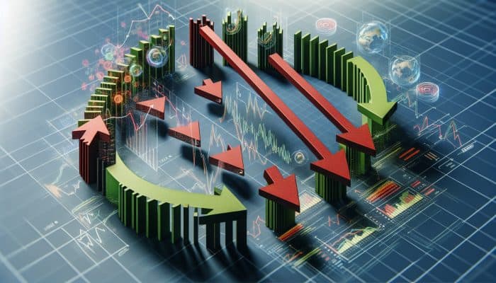 Global Market Influence on Consolidation Loans: UK Perspective | DCL Graph showcasing economic cycles' impact on UK loan availability; green arrows up for growth, red arrows down for downturns.