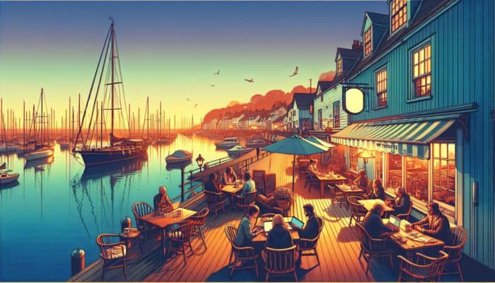 A picturesque Weymouth harbor at dusk, where bloggers are working in a cozy café.