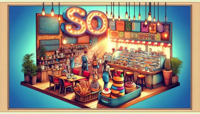 A bustling Weymouth coffee shop with a sign reading "Best Pastries in Weymouth," frequented by locals and tourists, featuring SEO keywords in decor and menu.