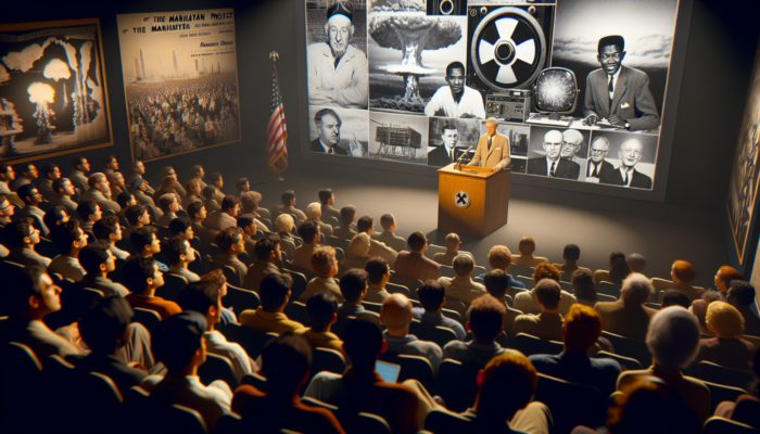 A diverse group of history enthusiasts at the National Atomic Testing Museum, engaged in a lecture on the Manhattan Project with vintage atomic test footage.